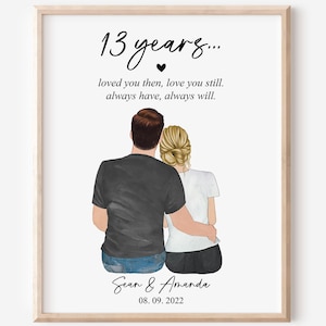 13th Anniversary Gift, Custom Couple Portrait Illustration Drawing, Thirteen Year Anniversary Gift for Husband Wife, Framed Couple Wall Art
