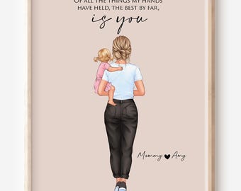 Benutzerdefinierte Mutter Kind Porträt, Mutter Baby Zeichnung, Mama Tochter Sohn Wandkunst, Erstes Muttertagsgeschenk, gerahmte Wandkunst, Familienandenken