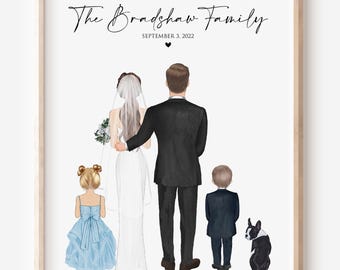 Custom Blended Family Wedding Portrait with Dog and Kids, Personalized Family Wedding Illustration, Gift for Bride Groom, Framed Wall Art