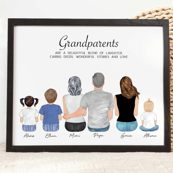 Personalisiertes Muttertags-Opa-Geschenk, Großeltern-Druck, individuelle Familien-Wandkunst, Familienportrait-Zeichnung, Enkelkinder-Geschenk, Opa-Geschenk