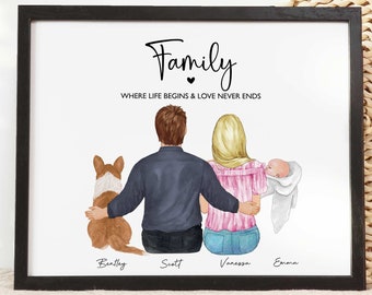 Customizable family wall art with baby and pet, Mother's Day card family gift, Dad Mom and Newborn illustration,personalized family portrait