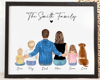 Ritratto di famiglia personalizzato con animali domestici, regalo per la festa della mamma dalla figlia, illustrazione personalizzata di arte da parete per la famiglia, regalo di compleanno per la mamma