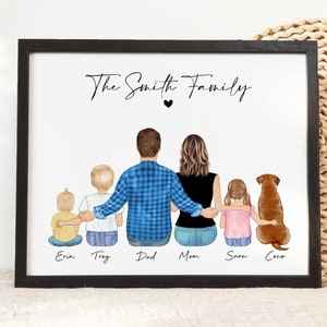 Ritratto di famiglia personalizzato con animali domestici, regalo per la festa della mamma dalla figlia, illustrazione personalizzata di arte da parete per la famiglia, regalo di compleanno per la mamma