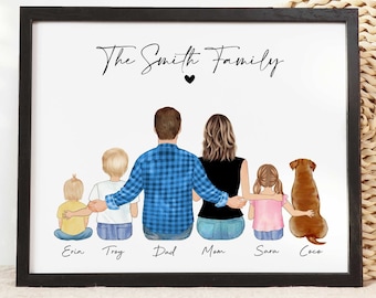 Custom Family Portrait with Pets, Fathers day Gift, Personalized Family art deco, Gift for Dad from Daughter, Gift for Dad, Gift for Grandpa