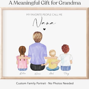 Op de afbeelding: Een ingelijst, aangepast familieportret met de tekst "Een betekenisvol cadeau voor oma". De illustratie toont een persoon met drie kinderen. De tekst "Mijn favoriete mensen noemen me Nana" staat boven de figuren.