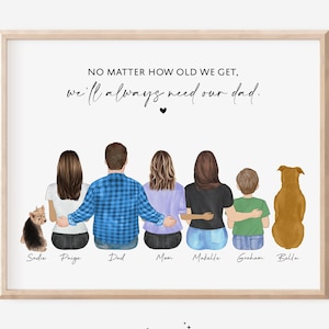 Personalized Dad Gift from Daughter Son, Custom Birthday Gift for Daddy,Family Portrait Drawing with dog,Gift for Husband,Dad&Kids wall art