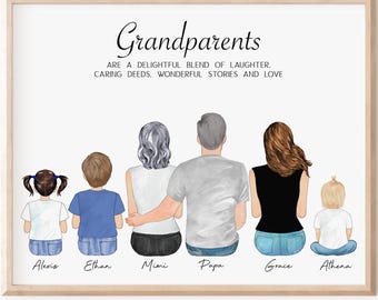Custom Grandparent Portrait, Grandkids Family Wall Art, Personalized Wall Art Gifts for Grandma Grandpa, Nana Papa Gifts from Grandchildren