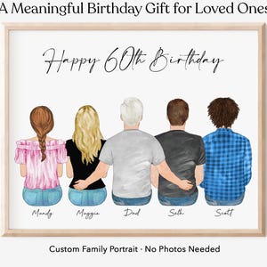 Könnte beinhalten: Ein gerahmtes, individuelles Familienporträt mit fünf Figuren, jede mit einer einzigartigen Frisur und Kleidung. Der Text "Happy 60th Birthday" wird über den Figuren angezeigt. Der Rahmenboden lautet "Custom Family Portrait - No Photos Needed."