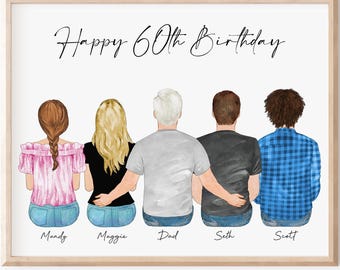 Custom Family Portrait, 60th Birthday Gift for Men Women, Dad Mom 50th 70th 80th 90th Birthday Present, Personalized Framed Wall Art Art