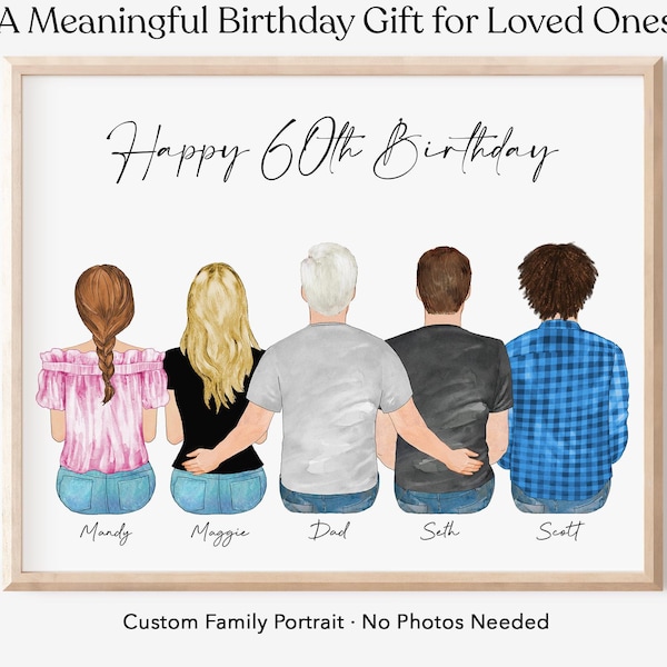 Portrait de famille personnalisé, cadeau 60e anniversaire pour homme femme, cadeau d'anniversaire papa maman 50e 70e 80e 90e anniversaire, art mural encadré personnalisé