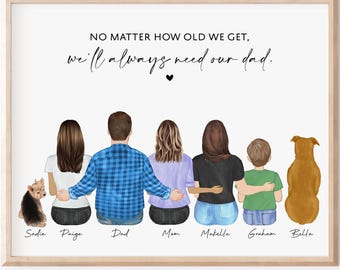 Retrato personalizado de papá e hijos, ilustración familiar personalizada, arte de pared para el cumpleaños del padre, ilustración familiar personalizada, arte enmarcado