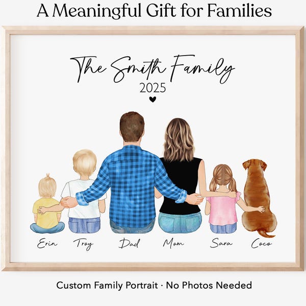 Art mural encadré portrait de famille personnalisé avec animaux de compagnie, cadeau personnalisé pour la fête des pères, cadeaux de famille pour parents, cadeau mari et femme, toile souvenir