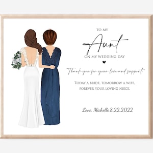 Huwelijkscadeau voor tante van de bruid Cadeau op trouwdag, aangepaste huwelijksillustratie, cadeau voor tante van bruid, gepersonaliseerde aandenken muurkunst