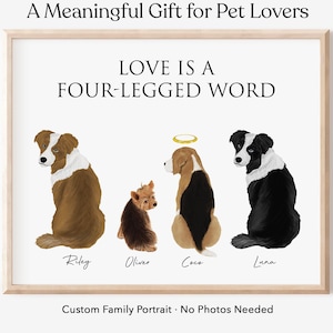 Könnte beinhalten: Ein gerahmter Druck mit dem Text "LOVE IS A FOUR-LEGGED WORD" und Illustrationen von vier Hunden. Der Druck enthält die Namen Riley, Oliver, Coco und Luna. Das Kunstwerk ist ein individuelles Familienporträt.