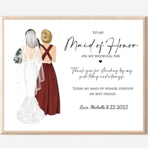 Trauzeugin Hochzeitsgeschenk von der Braut, Brautpartygeschenk, Brautjungfer Vorschlag, benutzerdefinierte Hochzeitskunst Illustration Print für Brautjungfer Gefälligkeiten