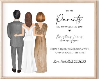 Wedding gift for Parents of the Bride on wedding day, Wedding illustration Thank you Parents Gifts, Personalized Bride mom dad drawing