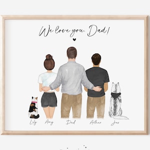 Personalized Father's Day Gift for Daddy from Kids, Custom Family Portrait with pets, Birthday Gift for him, Digital Family Cartoon Drawing