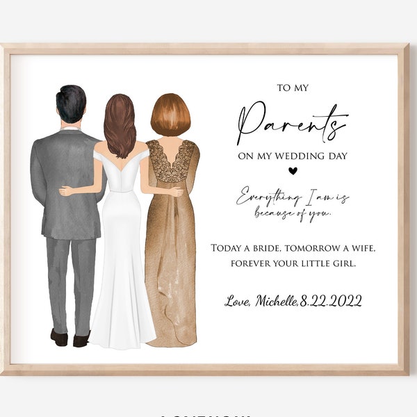 Cadeau de mariage pour les parents de la mariée le jour du mariage, illustration de mariage, cadeaux de remerciement aux parents, dessin personnalisé pour maman et papa