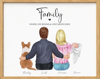 May include: A framed illustration of a family from behind, including a dog, a person with brown hair, a person with blonde hair, and a baby. The text reads Family WHERE LIFE BEGINS & LOVE NEVER ENDS, with names Bentley, Scott, Vanessa, and Emma below.