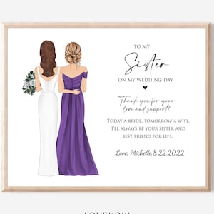 Schwester der Braut Hochzeitsgeschenk von der Braut am Hochzeitstag, individuelle Hochzeitsillustration, Schwester der Braut Geschenk, Braut Zeichnung Kunst Andenken