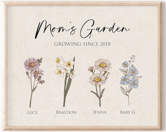 Mother&#39;s Day Gift for Mom, Mom&#39;s Garden Custom Birth Flower Bouquet Wall Art, Grandma &#39;s Garden,Personalized Antique Flower Digital Print