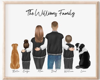 Customizable family wall art with baby and pet, Mothers Day family gift, Dad Mom and Newborn illustration, personalized family portrait