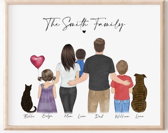Individuelles Familienportrait mit Haustieren, Muttertagsgeschenk für Mama, Papa von Tochter, personalisierte Familienwandkunst, Illustration, Zeichnung, Familiengeschenke