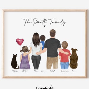 Individuelles Familienportrait mit Haustieren, Muttertagsgeschenk für Mama, Papa von Tochter, personalisierte Familienwandkunst, Illustration, Zeichnung, Familiengeschenke