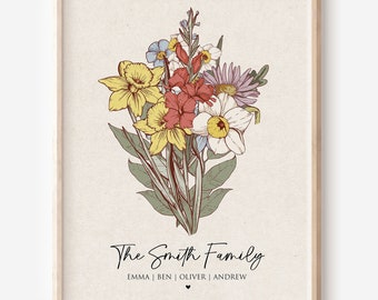 Impression de jardin de fleurs de famille, cadeau de fête des mères, art mural bouquet de fleurs de naissance personnalisé, impression numérique de fleurs anciennes personnalisées de famille