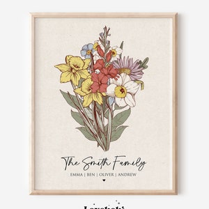 Impresión de jardín de flores familiar, regalo del día de la madre, arte de pared con ramo de flores de nacimiento personalizado, impresión digital de flores antiguas personalizadas de nuestra familia
