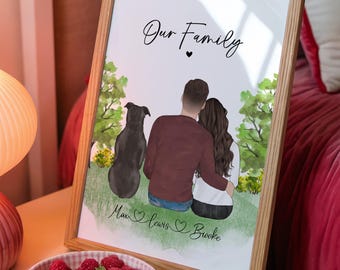 May include: A framed print in a light wood frame featuring a digital illustration of a person with short hair, a person with long wavy hair, and a black dog sitting on grass. The text reads Our Family and the names Max, Lewis, and Brooke.