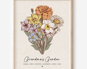 Cadeau fête des mères pour grand-mère, art mural bouquet de fleurs de naissance personnalisé, jardin de grand-mère, jardin de maman, impression numérique de fleurs anciennes personnalisées