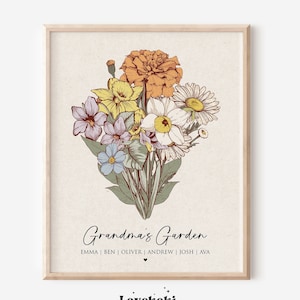 Mother's Day Gift for Grandma, Custom Birth Flower Bouquet Wall Art, Nana's Garden,Mom's Garden,Personalized Antique Flower Digital Print