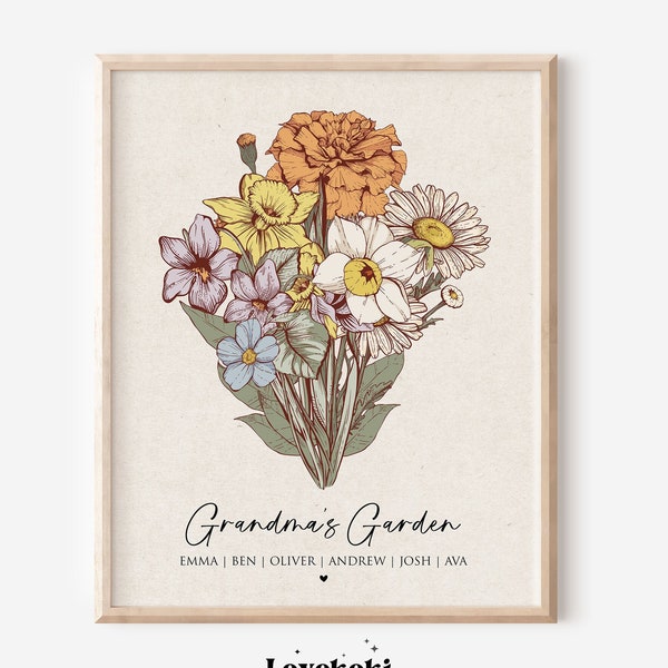 Cadeau fête des mères pour grand-mère, art mural bouquet de fleurs de naissance personnalisé, jardin de grand-mère, jardin de maman, impression numérique de fleurs anciennes personnalisées