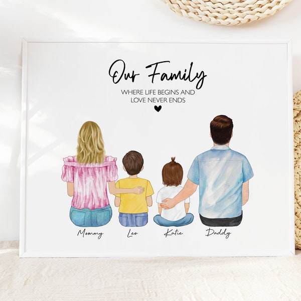 Personalized Mother's Day Family Gift, New Family Portrait, Custom Family Portrait, Wall Art Illustration of Young Couple and kid baby pet