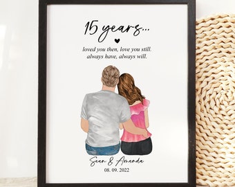 15th Anniversary Gift- Custom Couple Portrait Illustration Drawing, Fifteenth Year Anniversary Gift for wife, husband, 15 year anniversary