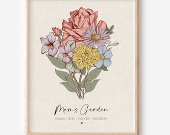 Moederdag cadeau, moeder's tuin print, verjaardagscadeaus voor moeder, aangepaste geboorte bloemboeket kunst aan de muur, gepersonaliseerde antieke bloem voor moeder