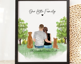 Personalized Couple portrait with pets, Mother's Day Gift, Anniversary/Engagement/Wedding/Birthday gift, Custom Couple dog Gift, Fur Family