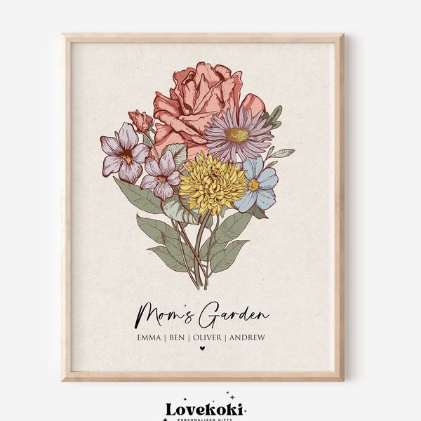 Moederdag cadeau, moeder's tuin print, verjaardagscadeaus voor moeder, aangepaste geboorte bloemboeket kunst aan de muur, gepersonaliseerde antieke bloem voor moeder