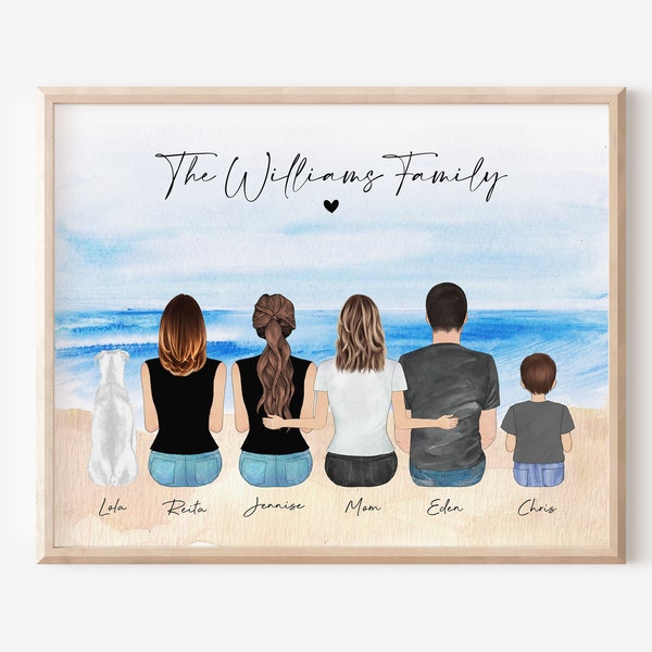 Mother Birthday Gift, Mother's Day Gift for Mom From Daughter Son, Custom Family Portrait on the Beach with pets, Family Drawing Wall Art