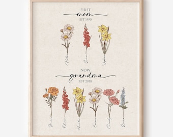 First Mom Now Grandma, Christmas Gift Personalized Gift for Nana, Grandchildren Birth Flowers Print Wall Art Gifts for Mum Moms Garden Print