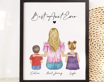 Personalized Aunt Gift from Nephew Niece, Mother's Day Auntie Gift, Family Portrait, Custom Gift for Aunt Birthday, Best Aunt Ever, Wall Art