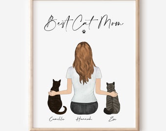 Mother's Day Gift for Cat Lover, Best Cat Mom Ever Wall Art Print, Custom Woman and cat illustration, Personalized Gift for her, Pet family