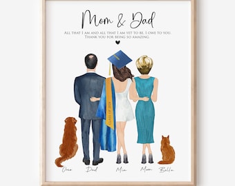 Graduate Girl with Parents & Pets Poster, Appreciation Gifts for Mom Dad thank you card, Custom Digital College Graduation 2024 Print Gifts
