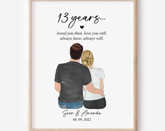 13th Anniversary Gift- Custom Couple Portrait Illustration Drawing, Thirteen Year Anniversary Gift for wife, husband, 13 year anniversary