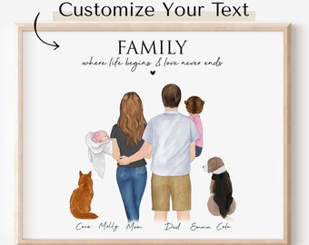 Custom family wall art with baby pet,Birthday Gift for husband,Dad Mom and Newborn illustration,personalized family portrait for Mothers Day