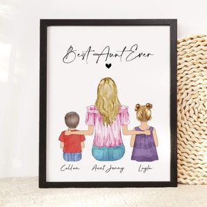 Personalized Aunt Gift from Nephew Niece, Mother's Day Auntie Gift, Family Portrait, Custom Gift for Aunt Birthday, Best Aunt Ever, Wall Art
