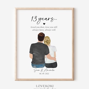 Regalo para el 13.º aniversario: dibujo ilustrado de retrato de pareja personalizado, regalo para el 13.º aniversario para esposa o esposo.
