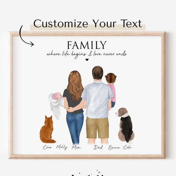 Custom family wall art with baby pet,Birthday Gift for husband,Dad Mom and Newborn illustration,personalized family portrait for Mothers Day