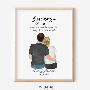 Regalo para el tercer aniversario: dibujo de retrato de pareja personalizado, ideas de regalo para el tercer aniversario para esposa, esposo, tercer aniversario.